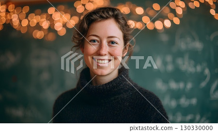 Smiling young Caucasian woman with brown hair in a cozy sweater stands in front of a chalkboard decorated with lights. The scene conveys a warm educational atmosphere. 130330000