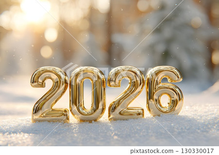 Golden numbers 2026 on snow, symbolizing the New Year celebration. Soft sunlight creates a warm glow in a winter landscape. 130330017