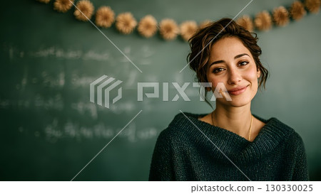 Young Caucasian woman with brown hair smiles in a classroom. Green chalkboard in the background with handwritten notes. Educational environment for back to school. 130330025