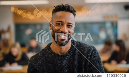 Smiling African American male teacher in a classroom setting. Students are engaged in the background. Warm lighting creates a welcoming atmosphere for learning. 130330026