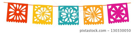 Colorful papel picado garland banner. Taditional Mexican decorative party flags, bunting. Cinco de Mayo, fiestas or Day of Dead Dia de Muertos celebrations. Flat vector isolated on background. 130330050