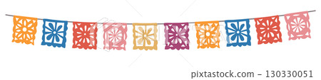 Colorful decorative cut out garland. Dia de los Muertos, Mexican Day of the Dead. Halloween paper bunting flags, papel picado. Isolated vector hand drawn birthday party decor. Festa Junina holiday Colorful decorative cut out garland. Dia de los Muertos, Mexican Day of the Dead. Halloween paper bunting flags, papel picado. Isolated vector hand drawn birthday party decor. Festa Junina holiday 130330051