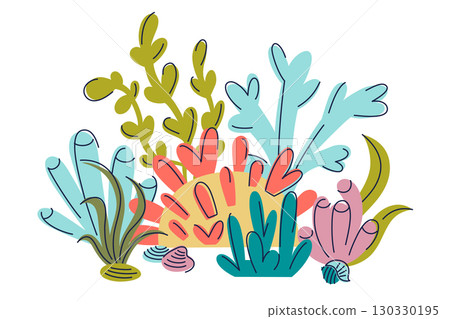Flat cartoon vector illustration of underwater scene with corals and seaweeds on ocean floor. Bright colorful elements for children design, education, decoration, marine life theme, playful style Flat cartoon vector illustration of underwater scene with corals and seaweeds on ocean floor. Bright colorful elements for children design, education, decoration, marine life theme, playful style 130330195