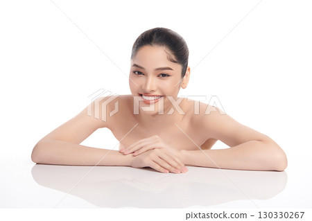 Beautiful Young transgender woman with clean fresh skin on white background, Face care, Facial treatment, Cosmetology, beauty and spa, transgender women portrait. 130330267