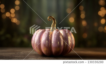 A decorative pink pumpkin with a shiny surface sits on a wooden table. Soft bokeh lights create a warm autumn atmosphere, perfect for Halloween parties. A decorative pink pumpkin with a shiny surface sits on a wooden table. Soft bokeh lights create a warm autumn atmosphere, perfect for Halloween parties. 130330280