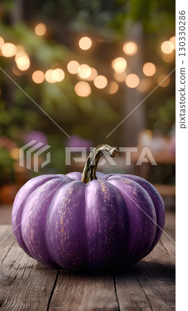 A vibrant purple pumpkin sits on a wooden table. Soft bokeh lights create a festive atmosphere, perfect for autumn and Halloween celebrations. 130330286