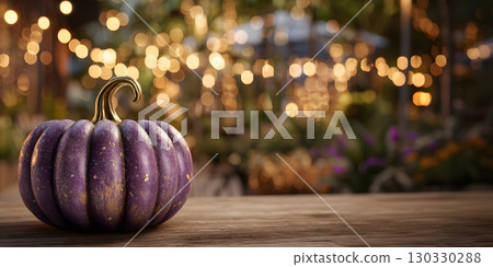A decorative purple pumpkin sits on a wooden table. The background features blurred lights and autumn foliage, creating a festive Halloween atmosphere. 130330288