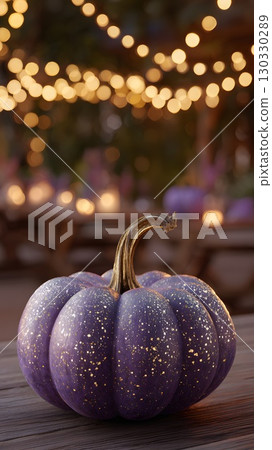A decorative purple pumpkin with glitter sits on a wooden table. Soft bokeh lights create a festive atmosphere, perfect for autumn and Halloween parties. 130330289