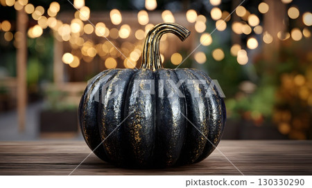 A decorative black pumpkin with a golden stem sits on a wooden table. Soft bokeh lights create a festive autumn atmosphere, perfect for Halloween parties. 130330290
