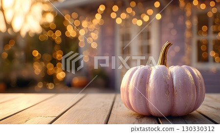 A decorative pink pumpkin with a golden stem sits on a wooden table. Soft bokeh lights create a festive atmosphere, perfect for autumn and Halloween parties. A decorative pink pumpkin with a golden stem sits on a wooden table. Soft bokeh lights create a festive atmosphere, perfect for autumn and Halloween parties. 130330312
