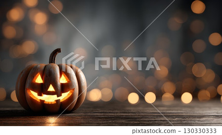 A carved pumpkin with a smiling face sits on a wooden surface. Soft glowing light emanates from inside. Blurred bokeh lights create a festive autumn atmosphere. A carved pumpkin with a smiling face sits on a wooden surface. Soft glowing light emanates from inside. Blurred bokeh lights create a festive autumn atmosphere. 130330333