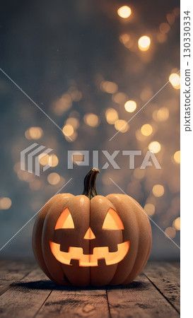 A carved pumpkin with a smiling face sits on a wooden surface. The background features soft, glowing lights, creating a festive Halloween atmosphere. A carved pumpkin with a smiling face sits on a wooden surface. The background features soft, glowing lights, creating a festive Halloween atmosphere. 130330334