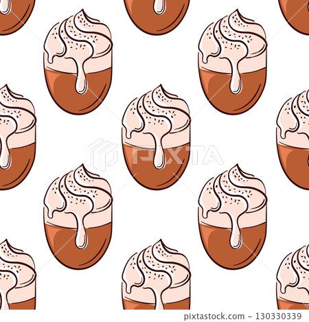 Seamless pattern with coffee latte and whipped cream in flat style on white background. Coffee cup wallpaper for bakery, cafe background, package and sweet food design. 130330339