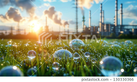 Eco bubbles symbolizing hydrogen energy on green grass with sunrise light and industrial factory background 130330366