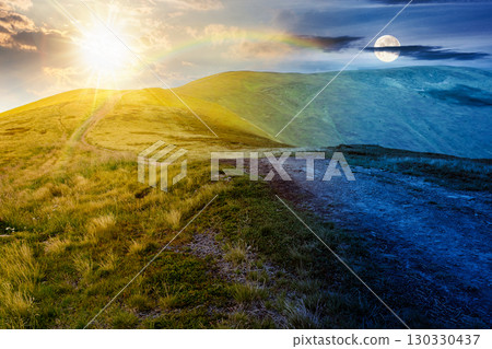 path for mountain tourism in summer. day and night time change concept. alpine landscape with sun and moon at twilight. beautiful scenery of ridge with green hills under blue sky with clouds 130330437