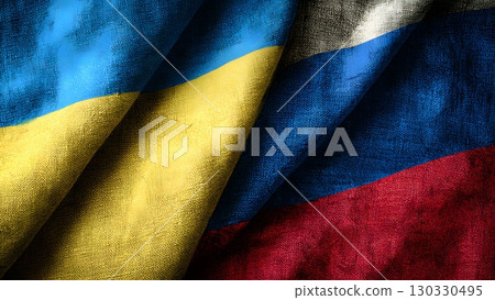 Waving flags of Ukraine and Russia, symbolizing political negotiations and peace treaty discussions between the two nations. 130330495