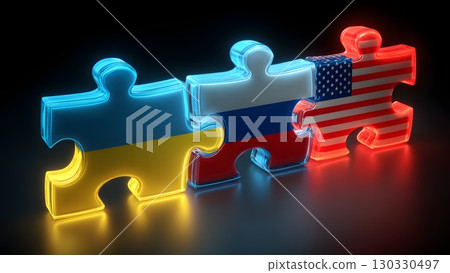 Three puzzle pieces representing Ukraine, Russia, and the USA. The pieces are colored in blue and yellow, red and white, and red and white stripes, symbolizing political negotiations. 130330497