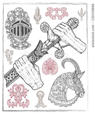 Old fantasy engraved illustrations with hands holding sword, knight helmet, horse head and patterns isolated on white. Vector line art drawings, adventure medieval symbols 130330666