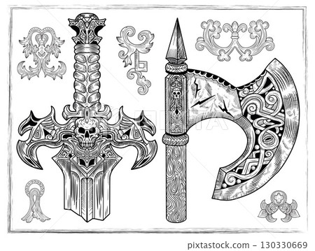 Old fantasy engraved illustration with viking axe and decorated sword isolated on white. Vector line art drawings, adventure medieval symbols Old fantasy engraved illustration with viking axe and decorated sword isolated on white. Vector line art drawings, adventure medieval symbols 130330669