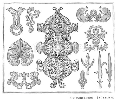 Old fantasy engraved illustration with gotic and celtic decorations isolated on white. Vector line art drawings, medieval ornated symbols Old fantasy engraved illustration with gotic and celtic decorations isolated on white. Vector line art drawings, medieval ornated symbols 130330670