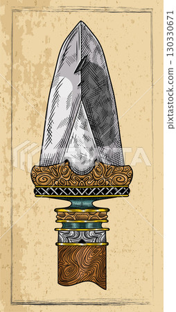 Old fantasy engraved illustration of decorated spear against textured background. Vector line art drawing, adventure medieval symbol Old fantasy engraved illustration of decorated spear against textured background. Vector line art drawing, adventure medieval symbol 130330671
