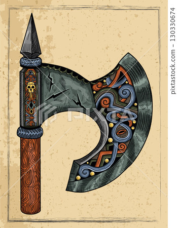 Hand drawn fantasy engraved illustration of axe against textured background. Vector line art drawing, old adventure medieval symbol Hand drawn fantasy engraved illustration of axe against textured background. Vector line art drawing, old adventure medieval symbol 130330674