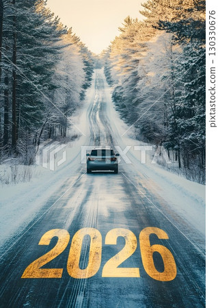 A snowy road leads into the distance with the year 2026 marked on the surface. Pine trees line the sides, creating a winter landscape. 130330676