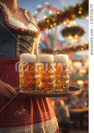 A young Caucasian woman in traditional Bavarian attire holds a tray with three large beer mugs at an Oktoberfest celebration. Colorful decorations fill the background. 130330678
