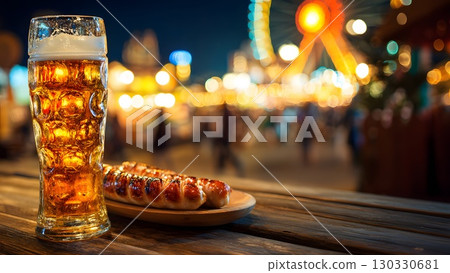 A glass of beer and a plate of sausages on a wooden table at night. Colorful lights from a carnival in the background. Oktoberfest celebration in Bavaria, Germany. 130330681