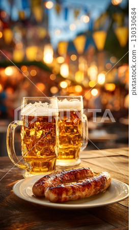 Two large mugs of golden beer sit on a wooden table next to a plate of grilled sausages. Colorful flags decorate the background, creating a festive atmosphere. 130330684
