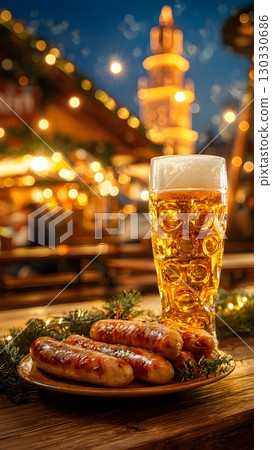 A glass of beer next to a plate of sausages on a wooden table. Festive lights and decorations in the background create a lively atmosphere typical of Oktoberfest in Bavaria, Germany. 130330686