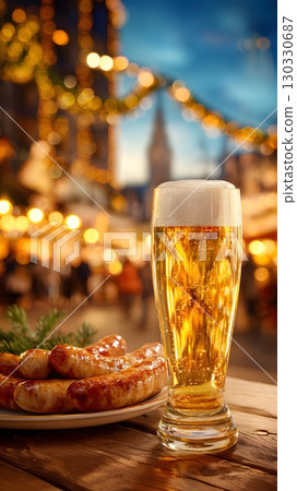 A glass of golden beer with a frothy head sits on a wooden table next to a plate of sausages. The background features festive lights and a blurred cityscape. 130330687