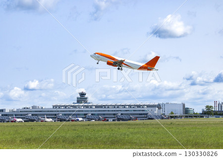 Passenger airplane taking off from Vaclav Havel Airport Prague, Czechia 130330826