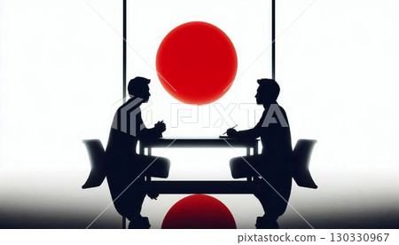 [日本政治與外交] 商人和政治人物在國旗背景下舉行會議（剪影風格插圖） 130330967