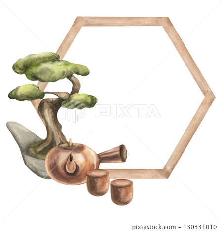 Japanese traditional bonsai tree,brown ceramic tea pot,cup on wooden gate watercolor illustration. Hand drawn Asian cultural clipart, tea ceremony elements for poster, card ,invitation design 130331010
