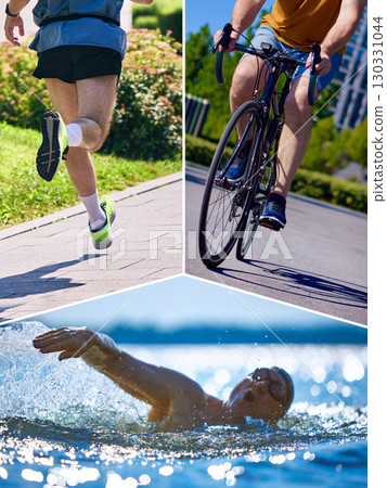 Triathlon themed collage with runner cyclist and swimmer competing outdoor energetic mood Triathlon themed collage with runner cyclist and swimmer competing outdoor energetic mood 130331044