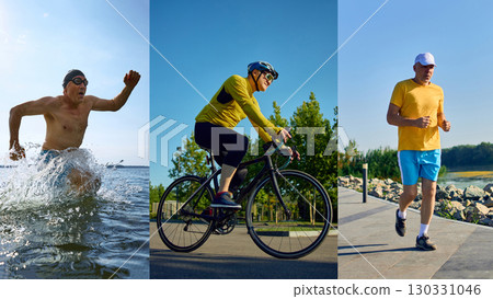 Athlete collage showing swimming cycling and running as triathlon training powerful emotion Athlete collage showing swimming cycling and running as triathlon training powerful emotion 130331046