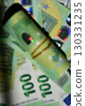 Euro money blurry background showcasing denomination details and holographic patterns to highlight currency design elements 130331235