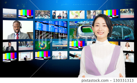 A female announcer reading the news in front of a video screen A female announcer reading the news in front of a video screen 130331313