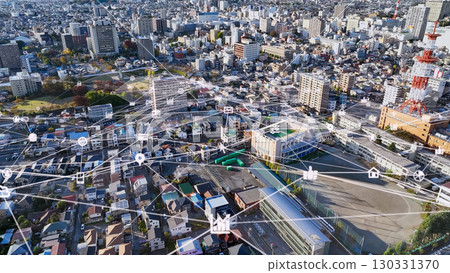 Modern city aerial view and communication network concept Modern city aerial view and communication network concept 130331370
