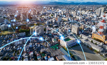 Modern city aerial view and communication network concept Modern city aerial view and communication network concept 130331372