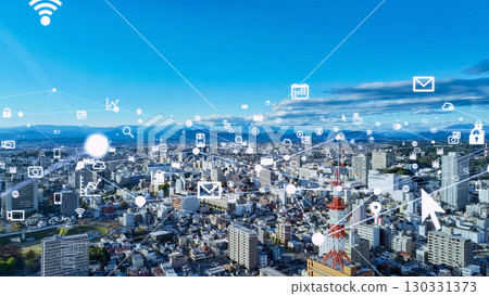 Modern city aerial view and communication network concept Modern city aerial view and communication network concept 130331373