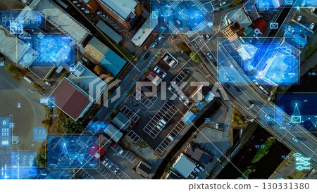 Modern city aerial view and digital technology concept Modern city aerial view and digital technology concept 130331380