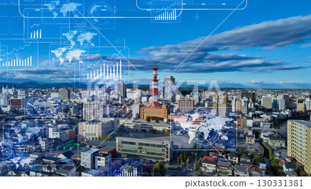 現代城市鳥瞰圖與數位科技概念 130331381