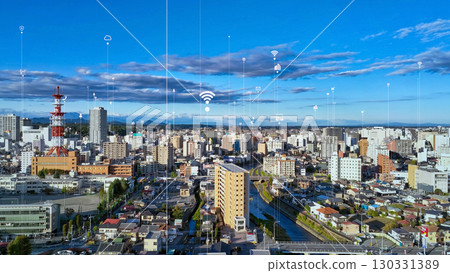 Modern city aerial view and digital technology concept 130331389