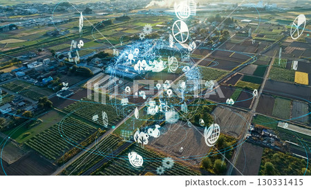 Aerial view of farmland and technology concept Agritech Smart Agriculture Aerial view of farmland and technology concept Agritech Smart Agriculture 130331415