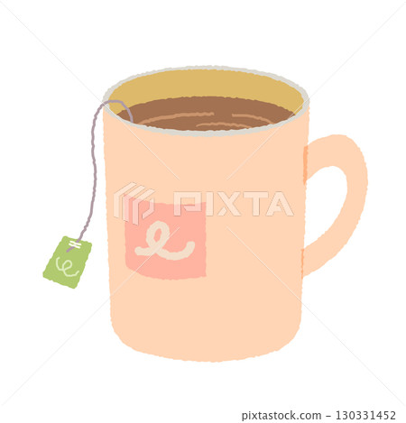 粉紅色杯子裡的熱飲。用茶包提取草本茶的插圖。放鬆 粉紅色杯子裡的熱飲。用茶包提取草本茶的插圖。放鬆 130331452