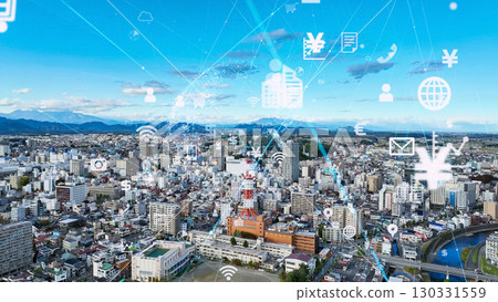 City aerial view and communication network concept 130331559