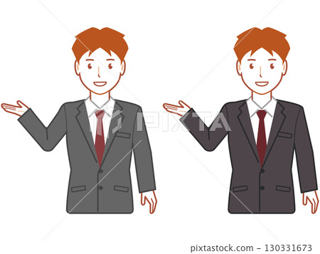 A young man in a gray suit with short hair points out 130331673