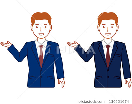 A young man in a navy suit and very short hair is pointing at me 130331674